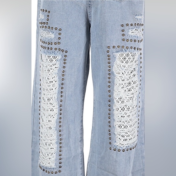 NWT: POL Mixed Media Jamie Lace With Rivets Distressed Wide Leg Jeans• Large - Picture 5 of 8